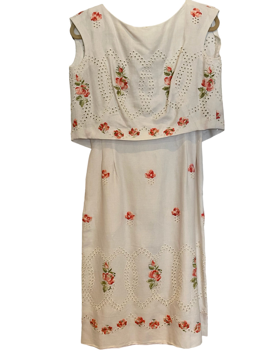 White & Floral Linen Eyelet Dress (Two Pieces) by Gothé
